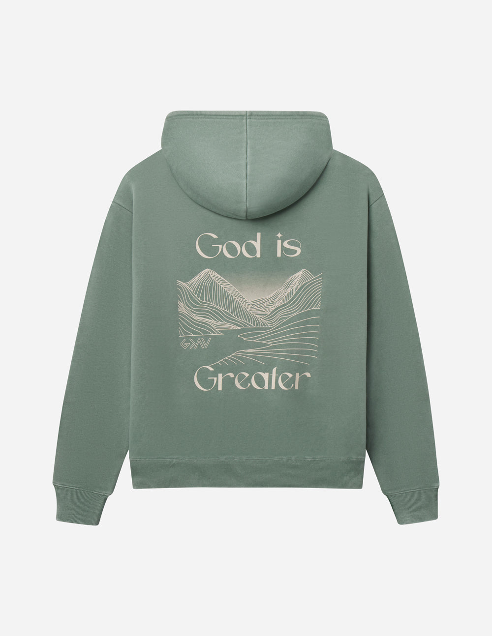 Sage green unisex hoodie with “God is Greater” front graphic and landscape design