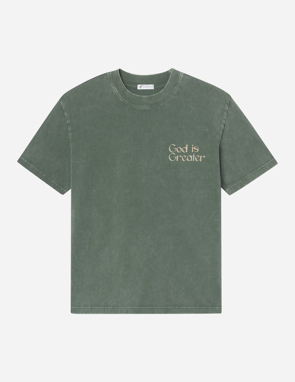Unisex T-shirt in dark green with small chest text graphic, crew neck