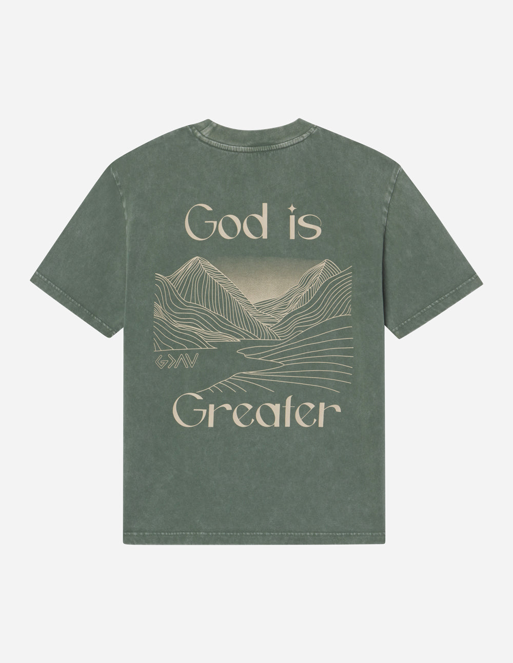Unisex T-shirt in dark green with large text and landscape line graphic