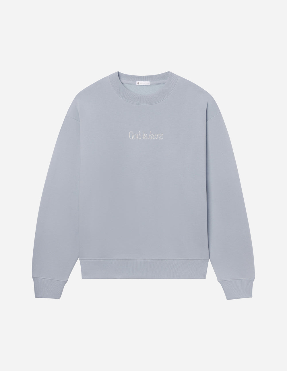 Light blue unisex crewneck sweatshirt with small chest text