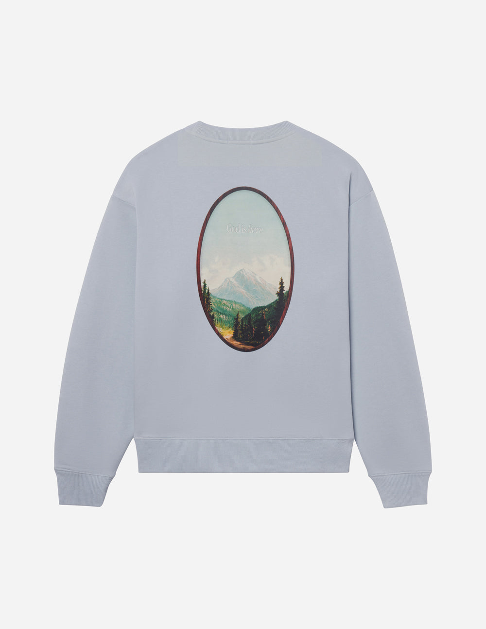 Light blue unisex crewneck sweatshirt with oval landscape graphic on back