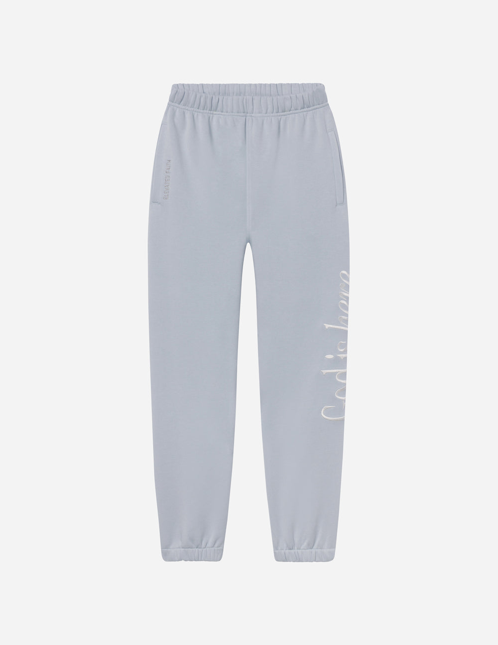 Light blue unisex sweatpants flat front with elastic waist and cuffed legs