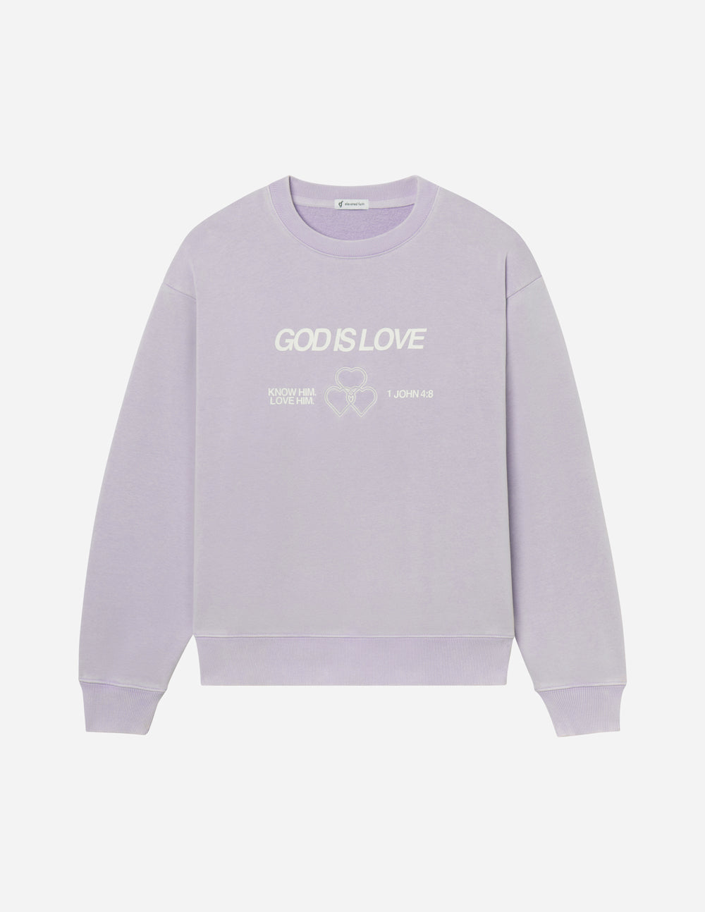 Lavender unisex crewneck sweatshirt with small 'God Is Love' text and hearts