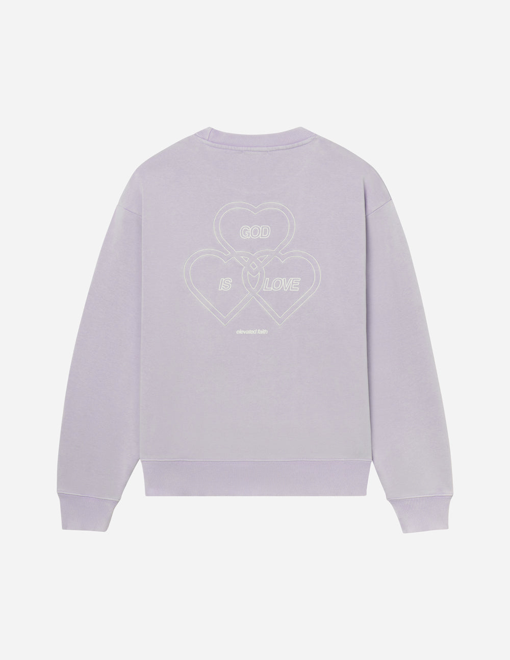 Lavender unisex crewneck sweatshirt with back heart and cross 'God Is Love' graphic