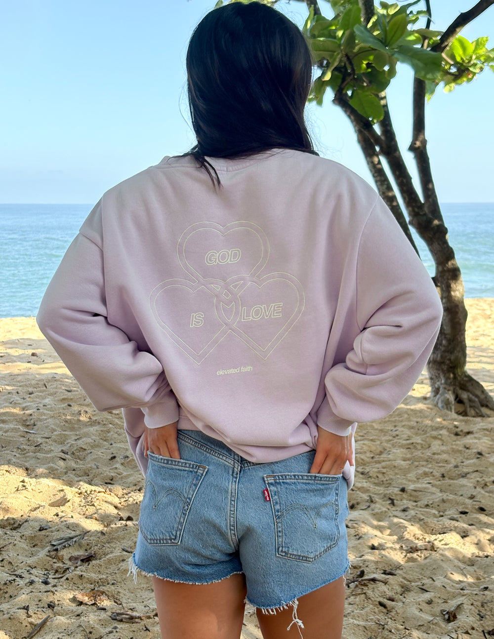 Lavender unisex crewneck sweatshirt, back 'God Is Love' heart design