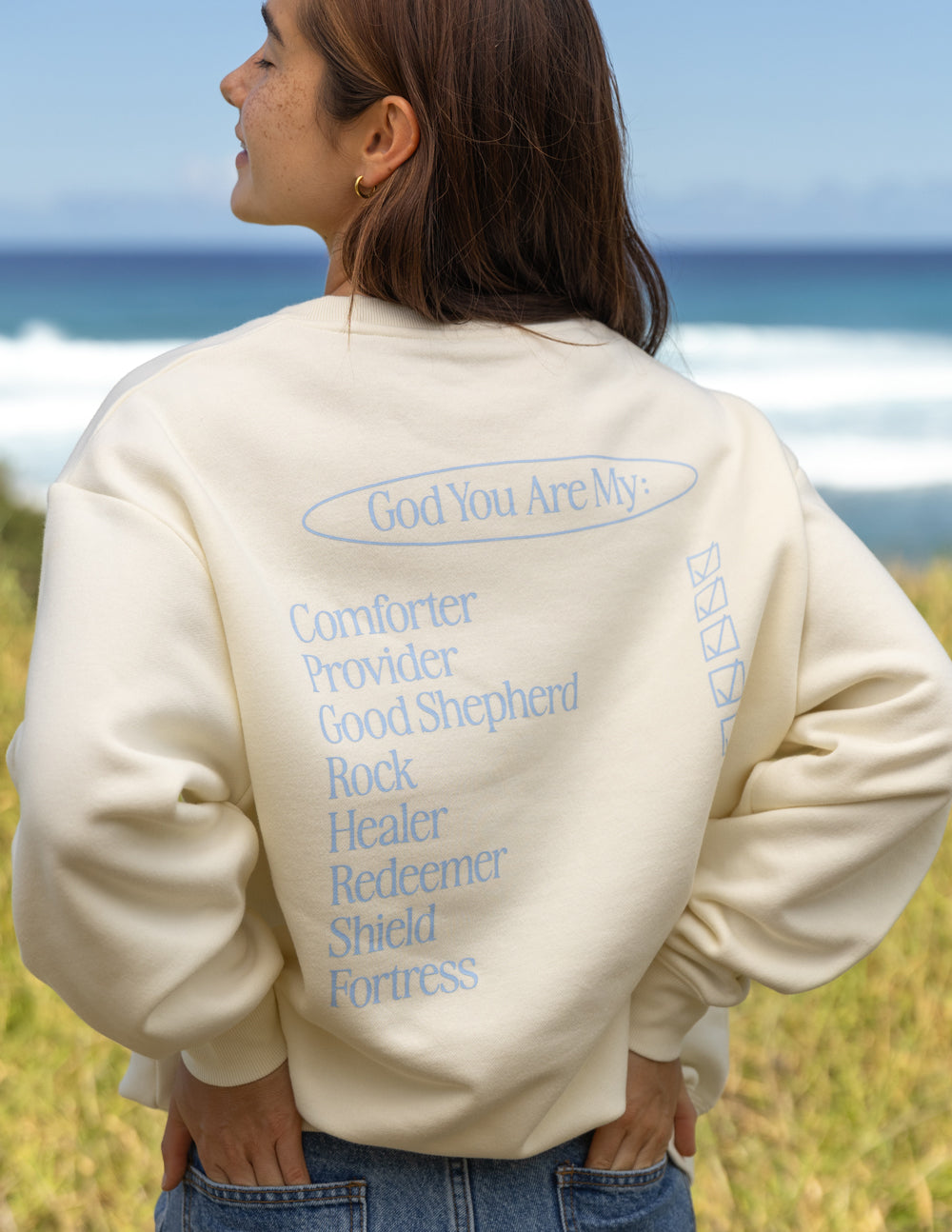 Off-white unisex crewneck sweatshirt with back text graphic and vertical wording detail