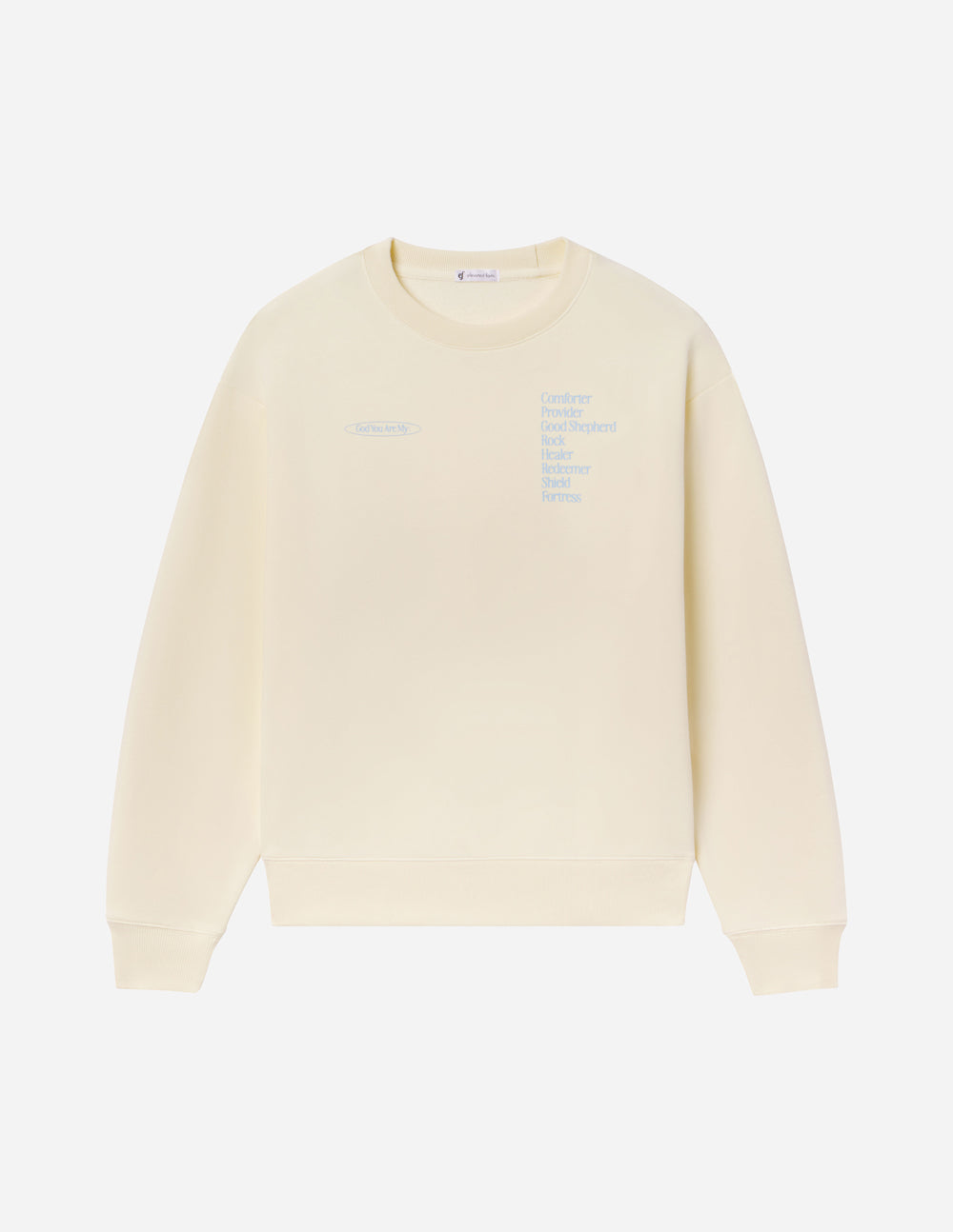 Off-white unisex crewneck sweatshirt front view with small chest text graphic