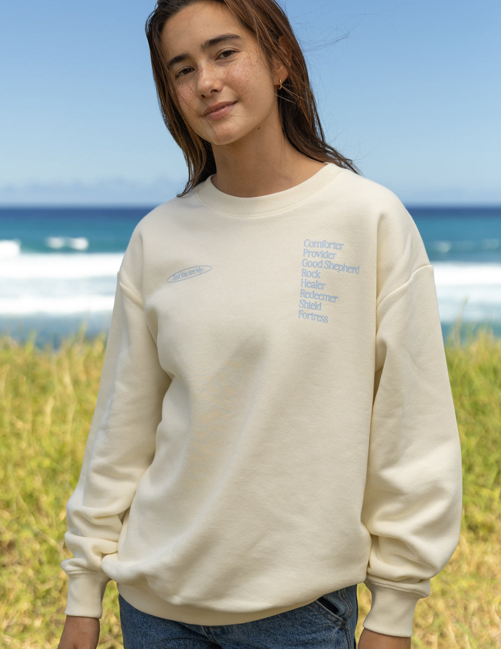 Off-white unisex crewneck sweatshirt with small front text graphic