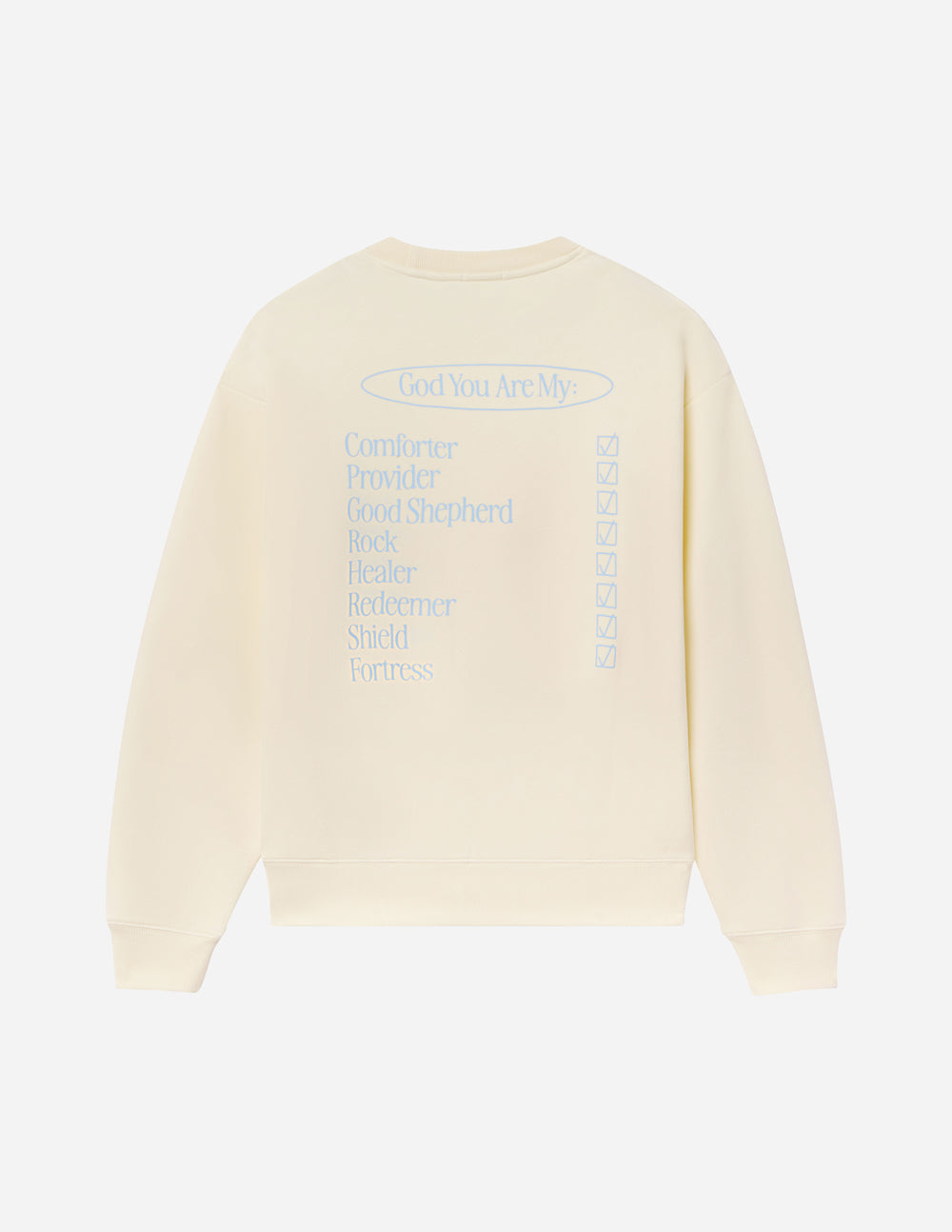Off-white unisex crewneck sweatshirt back view with large text graphic