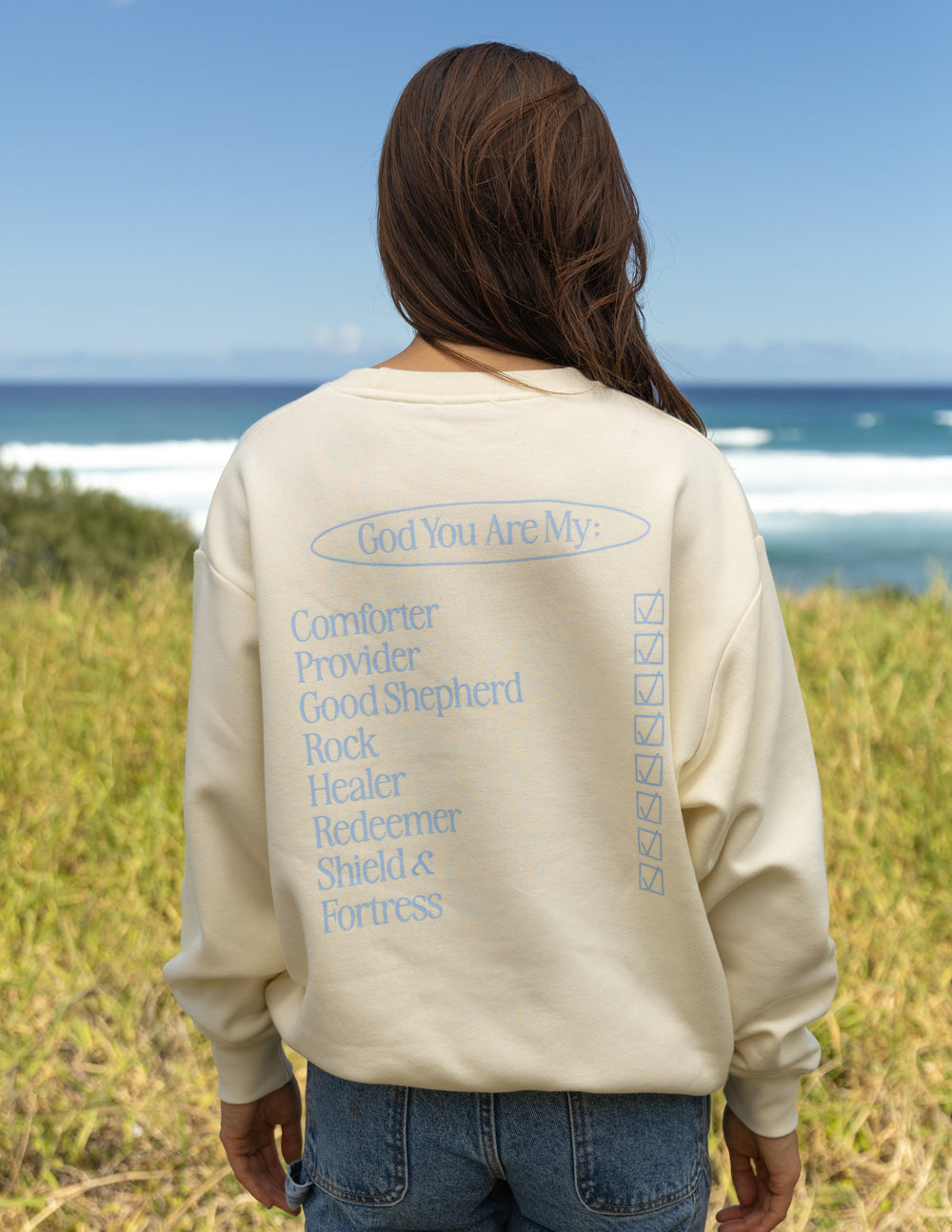 Off-white unisex crewneck sweatshirt with back text graphic and right vertical print