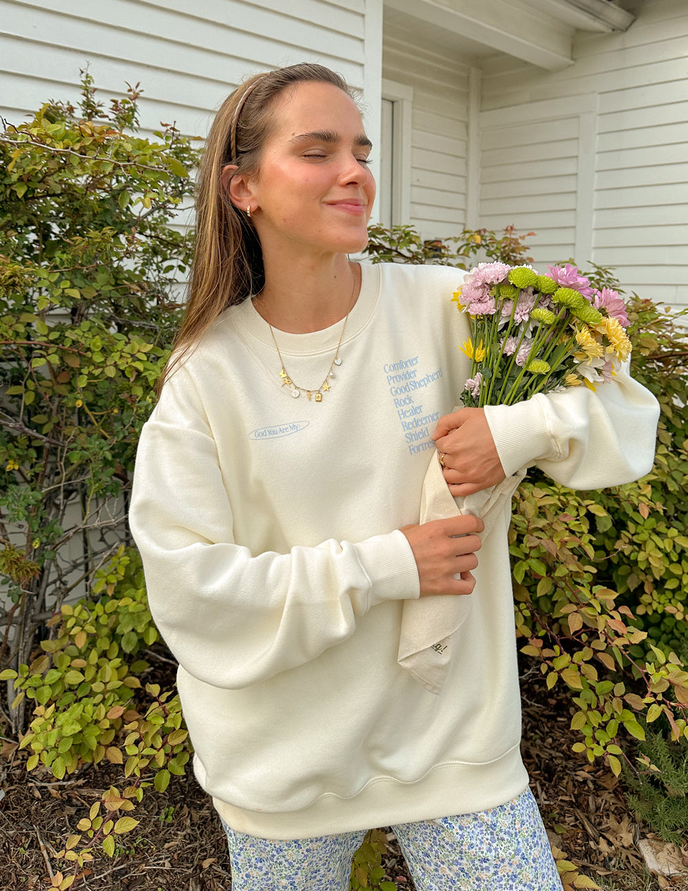 Off-white unisex crewneck sweatshirt with front text graphic, long sleeves