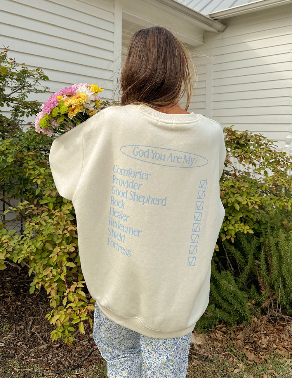 Off-white unisex crewneck sweatshirt with back text graphic, long sleeves