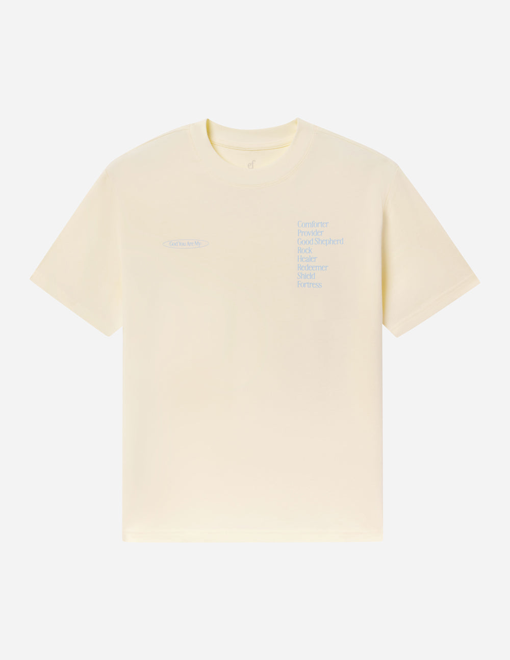 Cream unisex short-sleeve T-shirt front view, small blue text logo