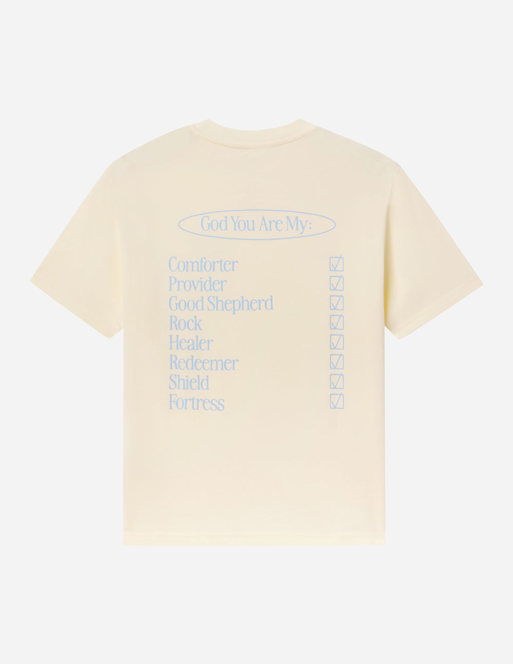 Cream unisex short-sleeve T-shirt back view, arched header and blue text block