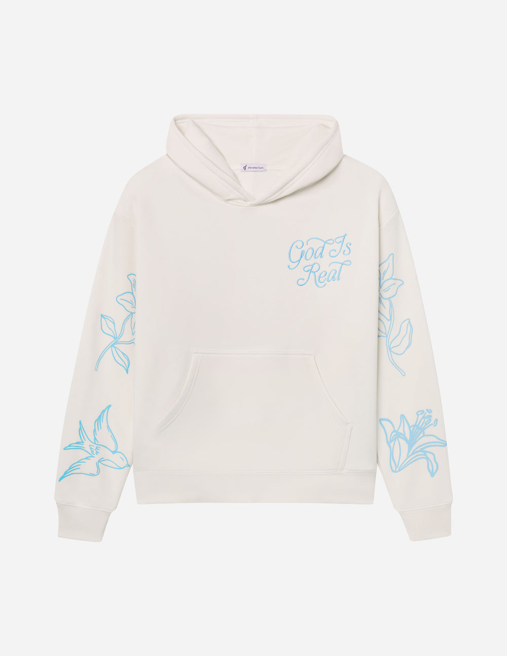 Unisex off-white hoodie product view with blue “God Is Real” print and hood