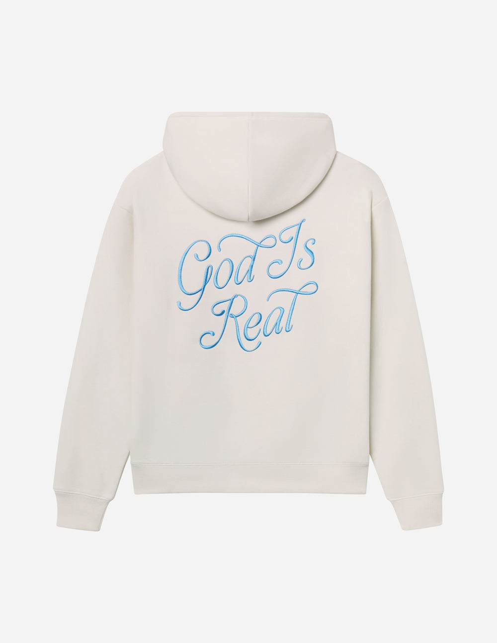 Unisex light hoodie with blue front text graphic and pullover hood