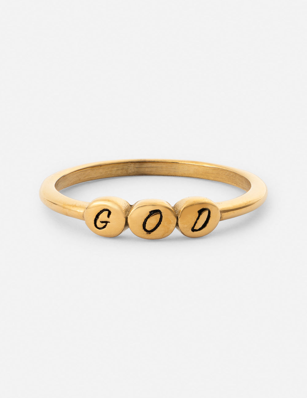 Gold letter ring with raised 'God' letters on a slim band