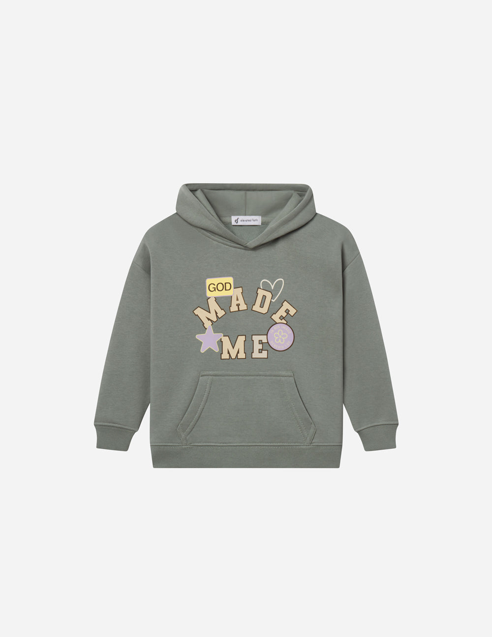 Kids gray hoodie with front God Made Me graphic and kangaroo pocket