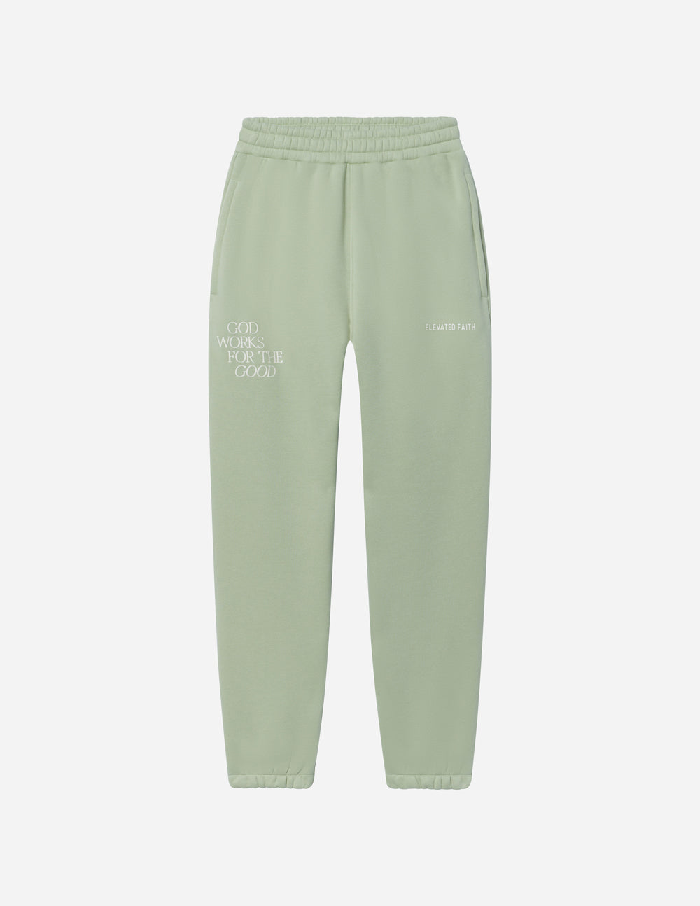 Light green unisex sweatpants with elastic waistband and straight legs