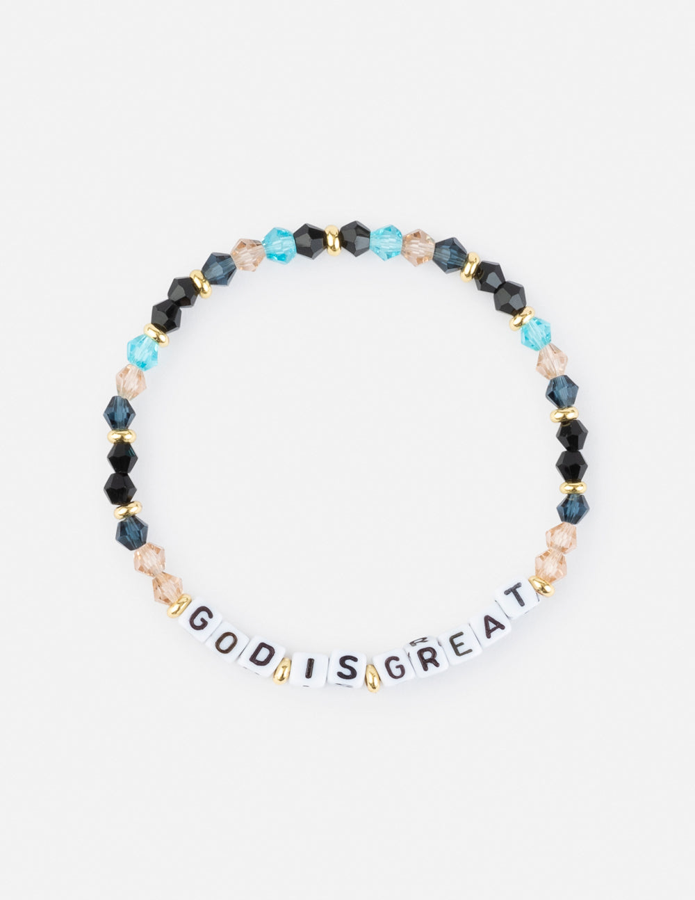 God Is Great letter bead bracelet, white letter beads with dark blue and gold beads