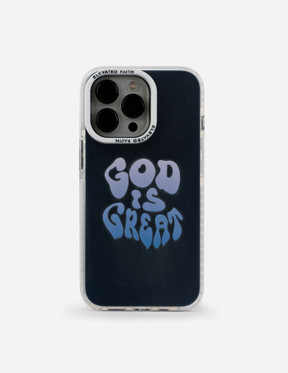 Dark navy phone case with white 'God is Great' lettering and camera cutouts