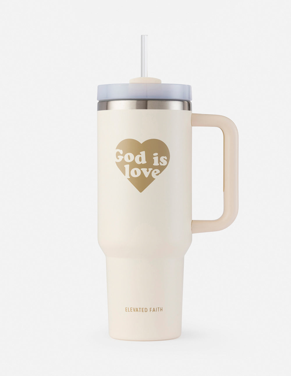 40 oz tumbler with straw, cream body, silver lid band, "God is Love" graphic
