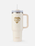 40 oz tumbler with straw, cream body, silver lid band, "God is Love" graphic