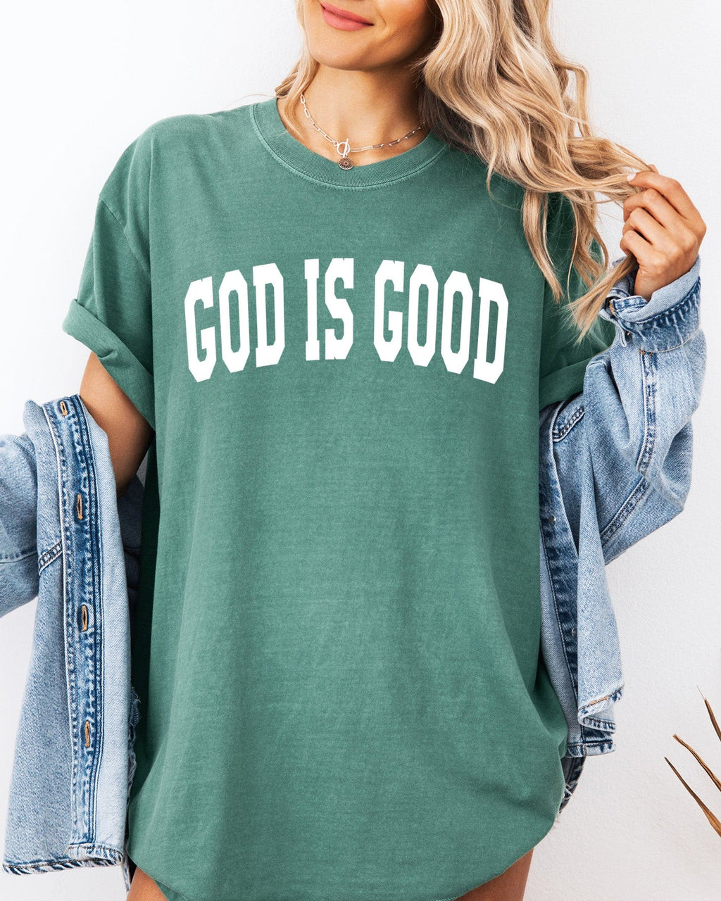 Green garment-dyed crewneck T-shirt with “GOD IS GOOD” front print