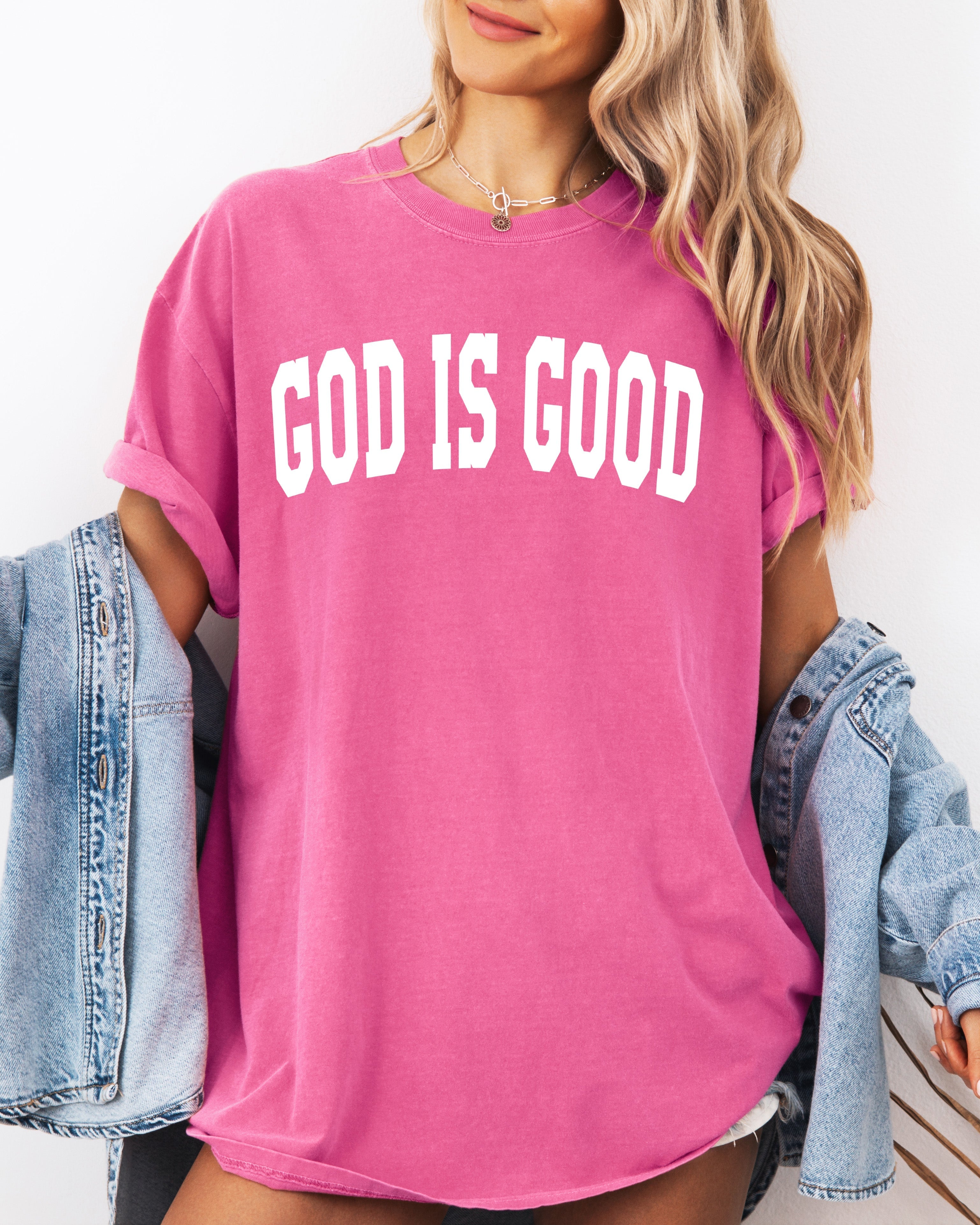 Garment-dyed crewneck T-shirt in orchid pink with 'GOD IS GOOD' front print