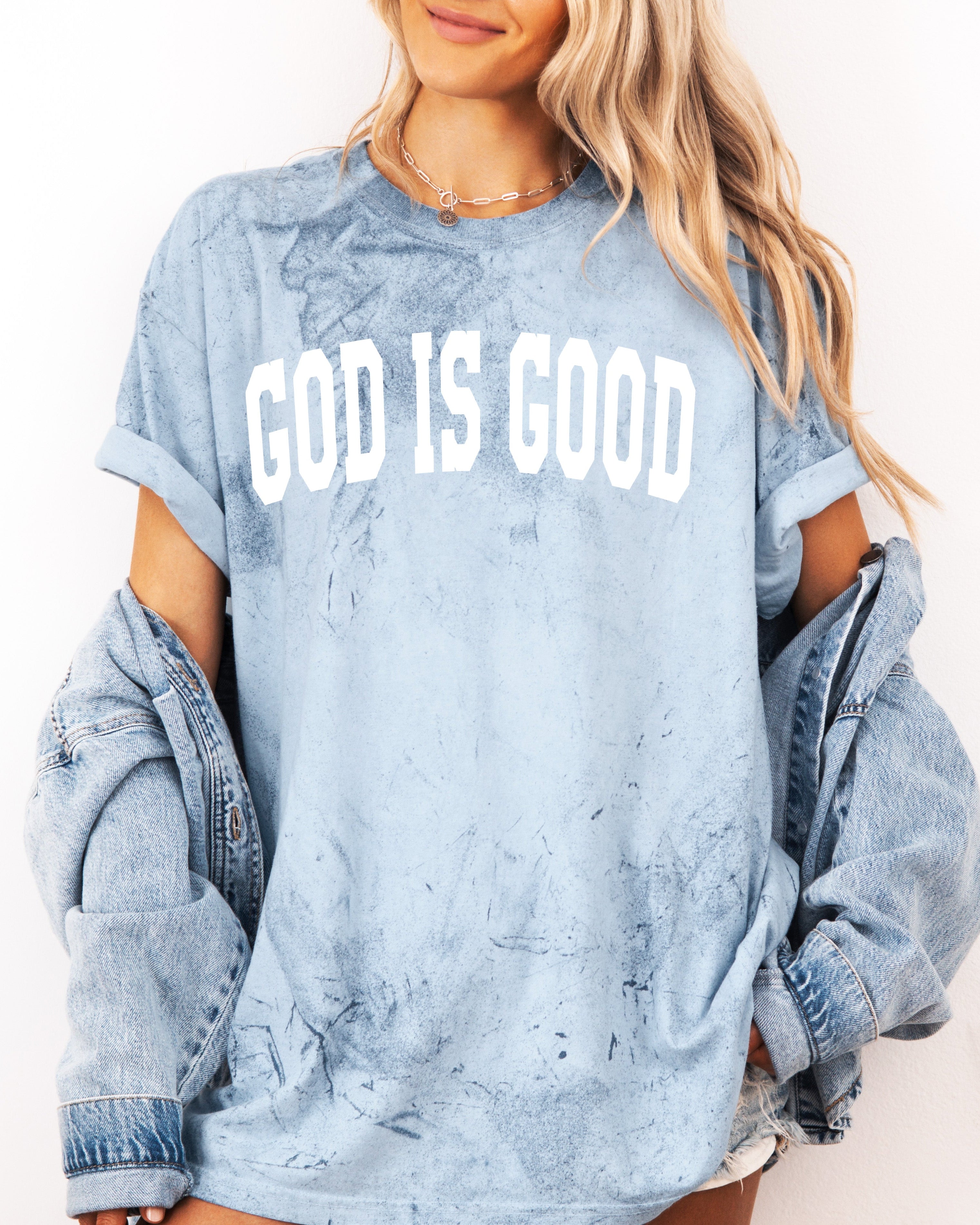 Garment-dyed crewneck T-shirt in dusty light blue with 'GOD IS GOOD' front print