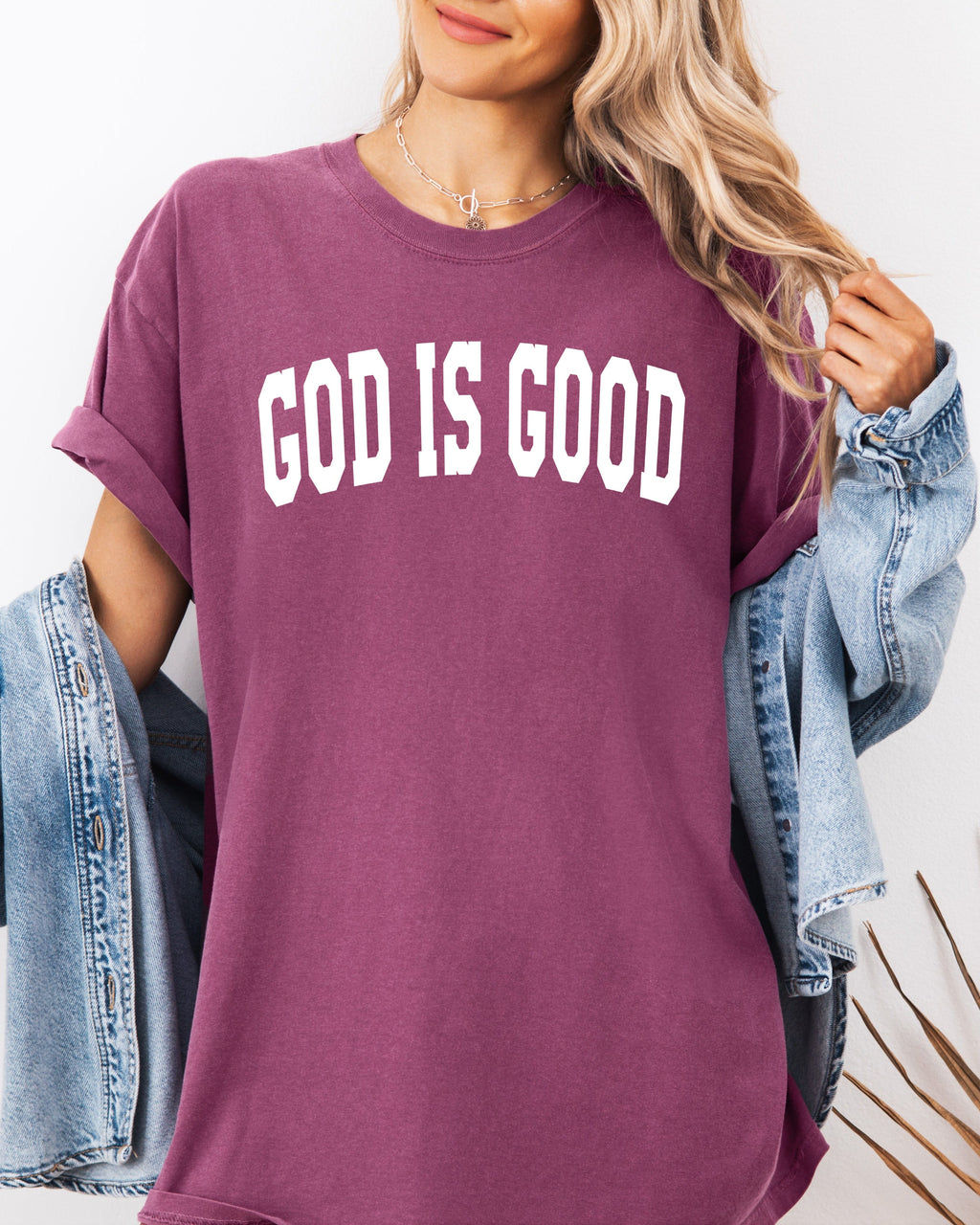 Berry purple garment-dyed crewneck T-shirt with “GOD IS GOOD” front print