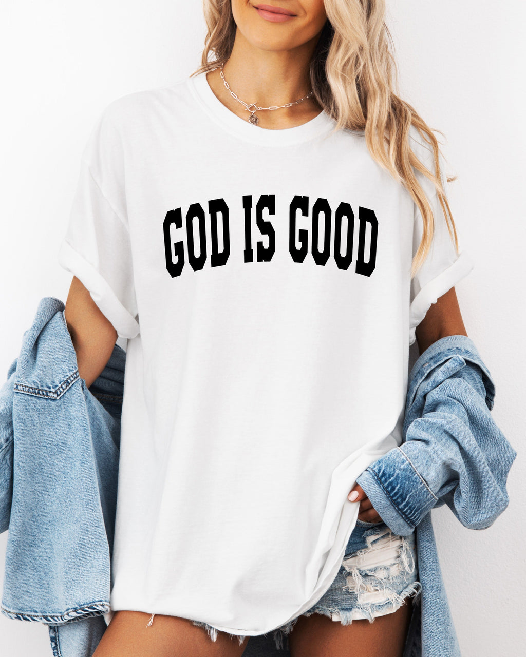 White garment-dyed crewneck T-shirt with “GOD IS GOOD” front print