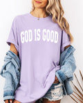 Lavender garment-dyed crewneck T-shirt with “GOD IS GOOD” front print