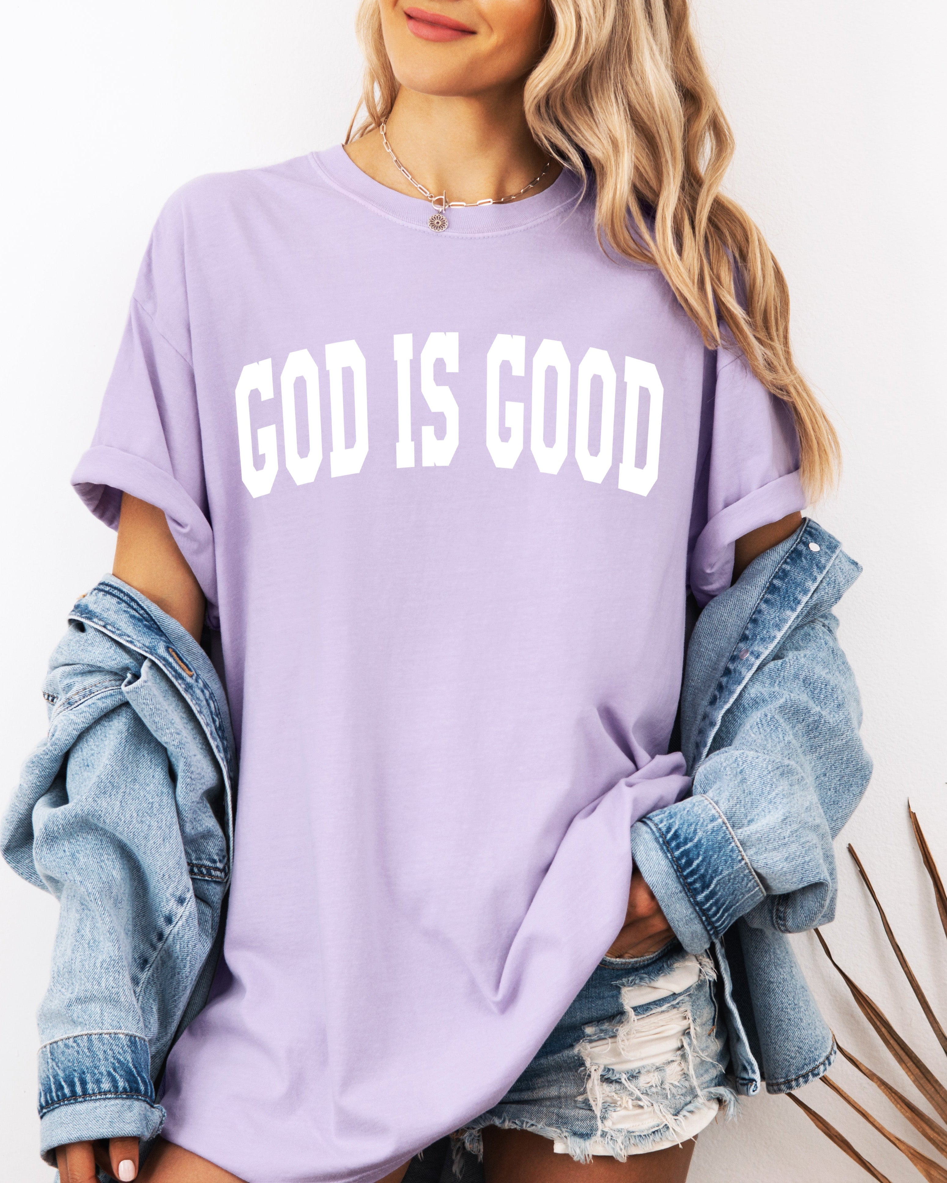 Lavender garment-dyed crewneck T-shirt with “GOD IS GOOD” front print