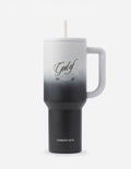 40 oz tumbler with straw, white-to-black gradient, side handle; Elevated Faith