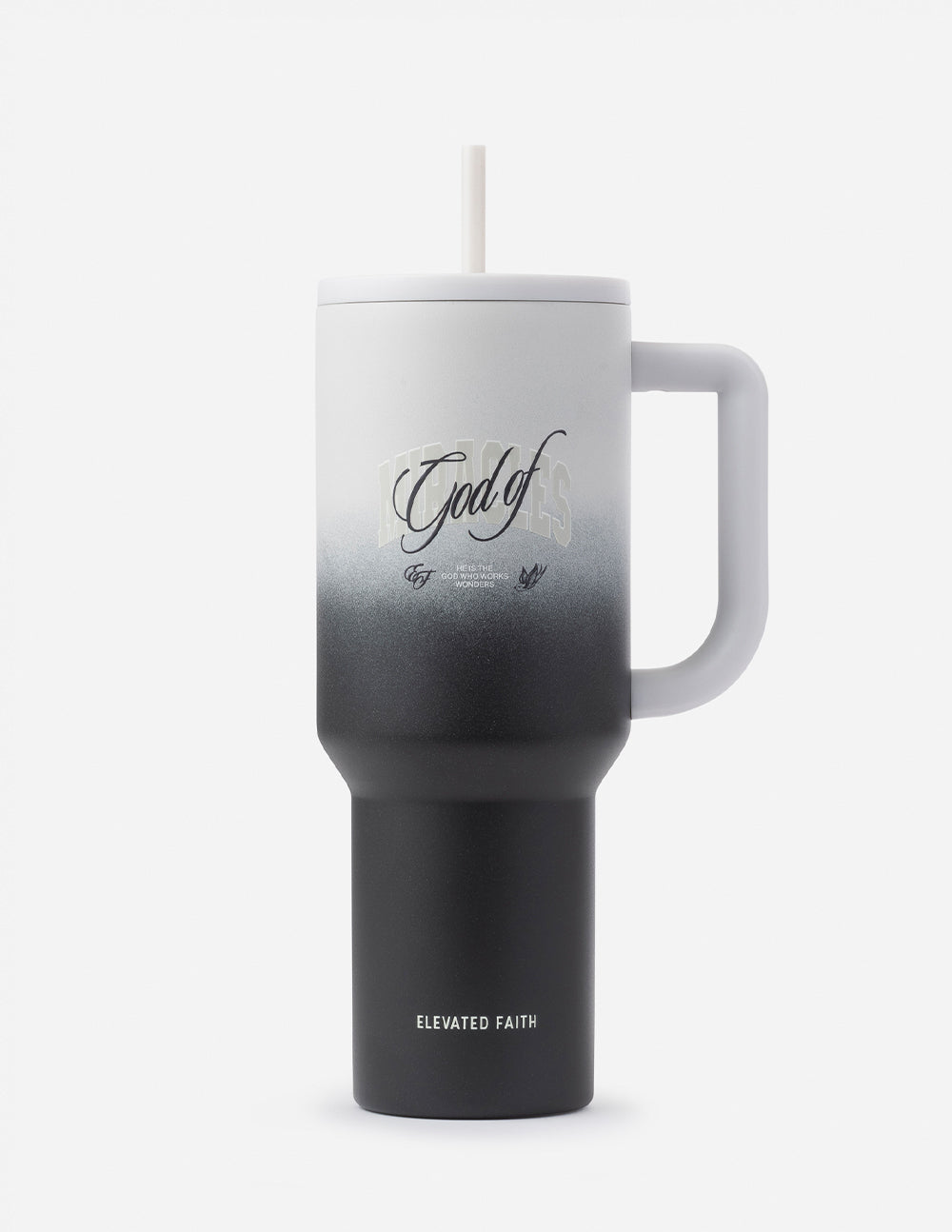40 oz tumbler with straw, white-to-black gradient, side handle; Elevated Faith