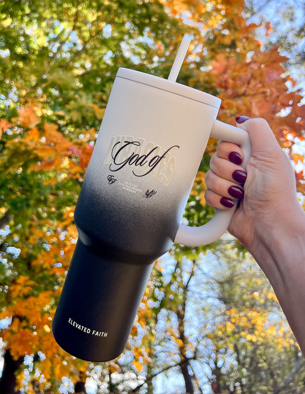 40 oz tumbler with straw and handle, white-to-black gradient; God of logo