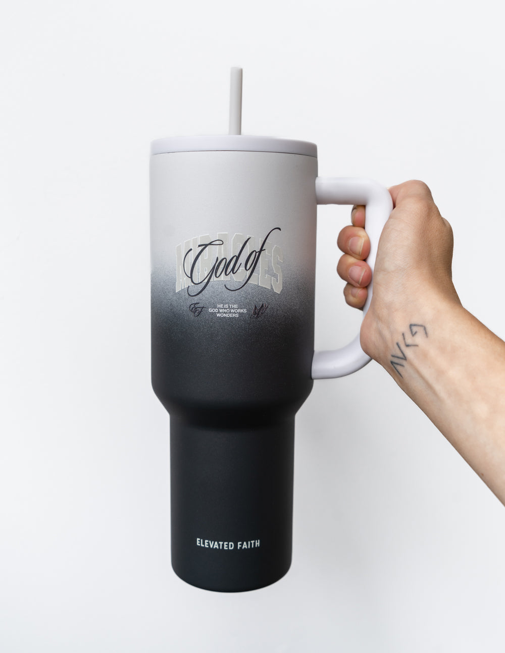 40 oz tumbler with straw, white-to-black gradient, side handle; Elevated Faith