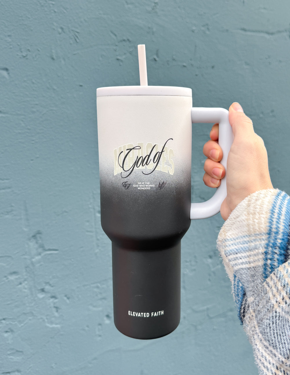 40 oz tumbler with straw and handle, white-to-black gradient; Elevated Faith