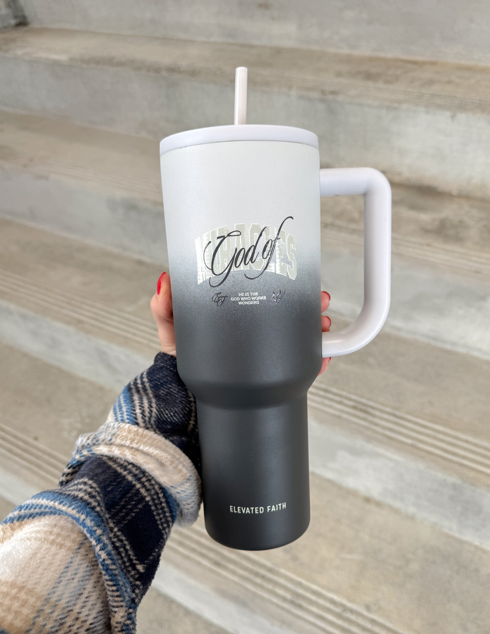 40 oz tumbler with straw and side handle, white-to-black gradient; God of print
