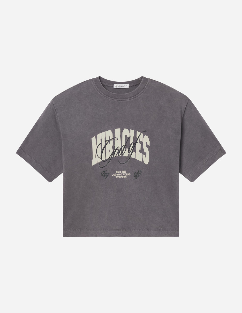 Cropped women's tee, dark gray, front graphic print