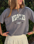 Cropped women's tee in gray with “Miracles” front graphic and small text below