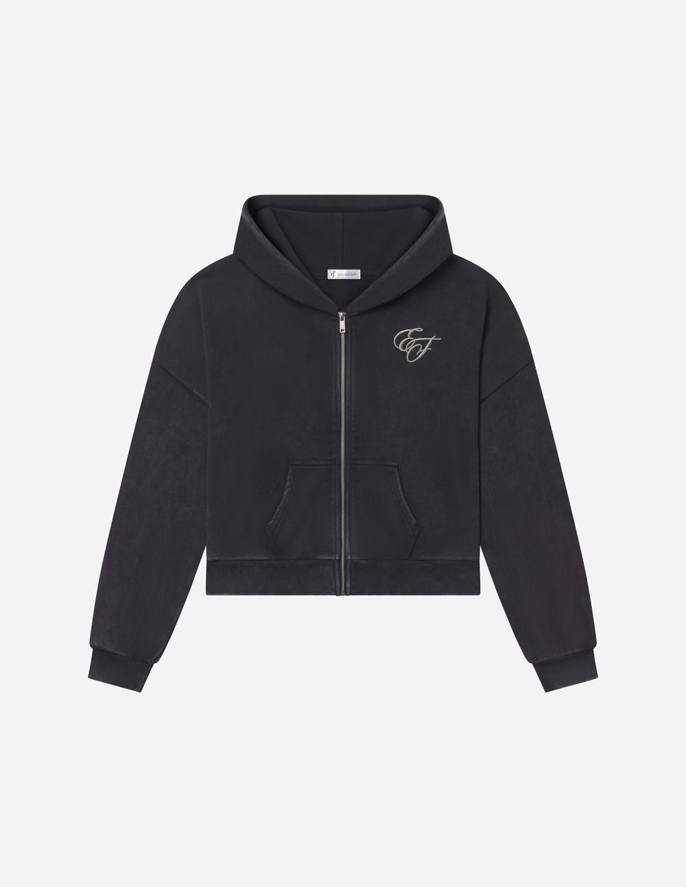 Black full-zip hoodie with stand collar and front kangaroo pockets