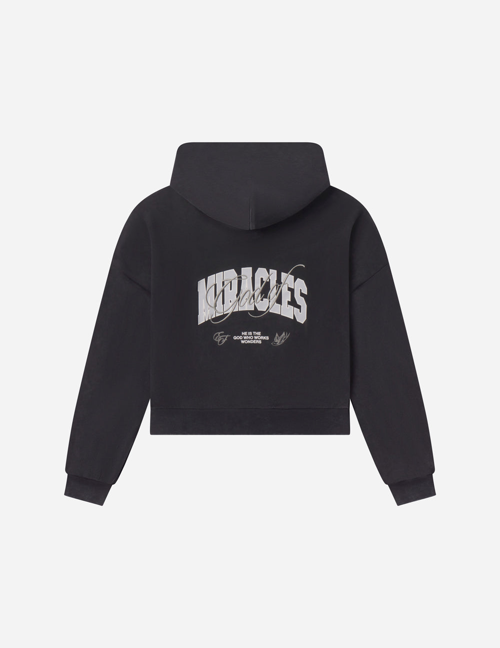 Black full-zip hoodie with hood and large back logo graphic