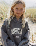 Kids dark gray hoodie with hood and front graphic logo, kangaroo pocket