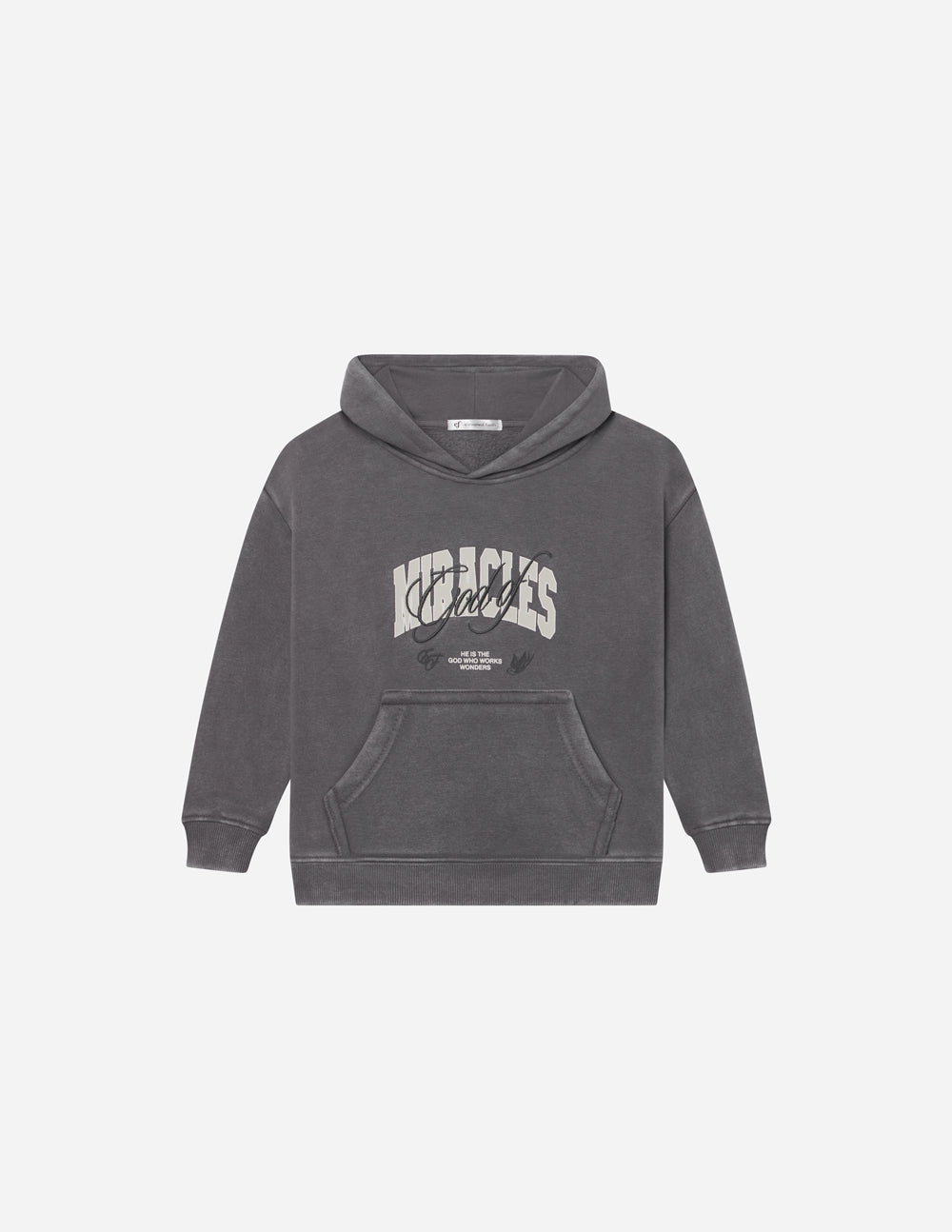Kids dark gray hoodie, hooded pullover with chest graphic print and kangaroo pocket