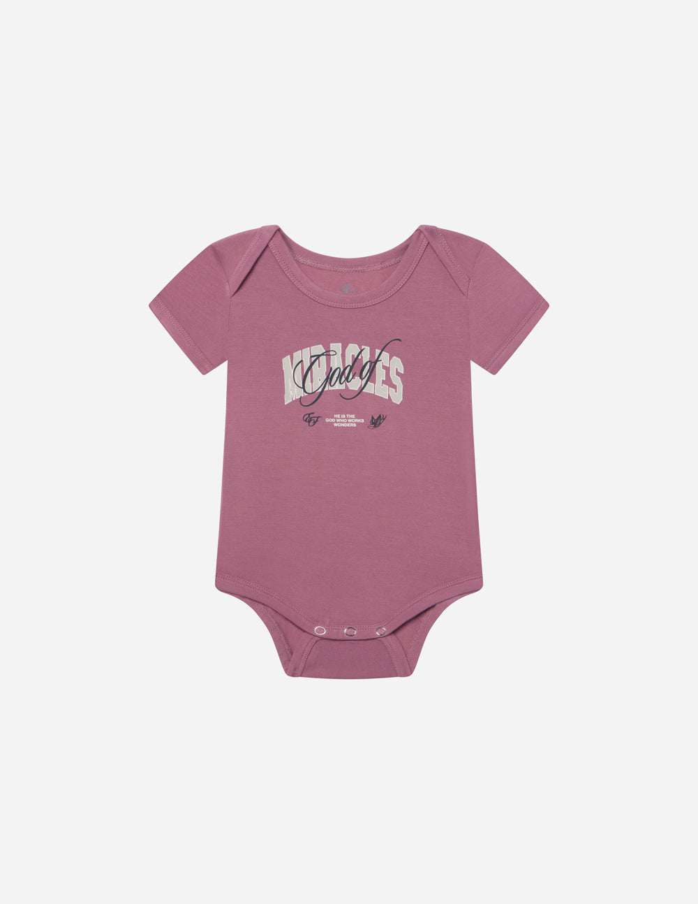 Mauve short-sleeve baby bodysuit onesie with front graphic and snap buttons