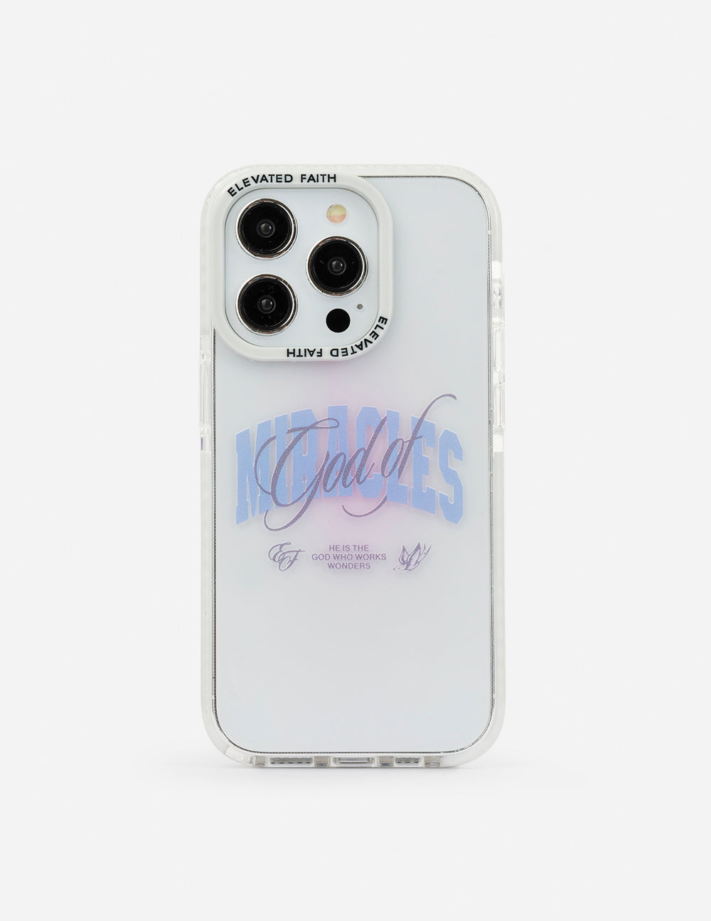 White phone case with purple script design and clear protective bumper edges