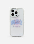 White phone case with purple script design and clear protective bumper edges