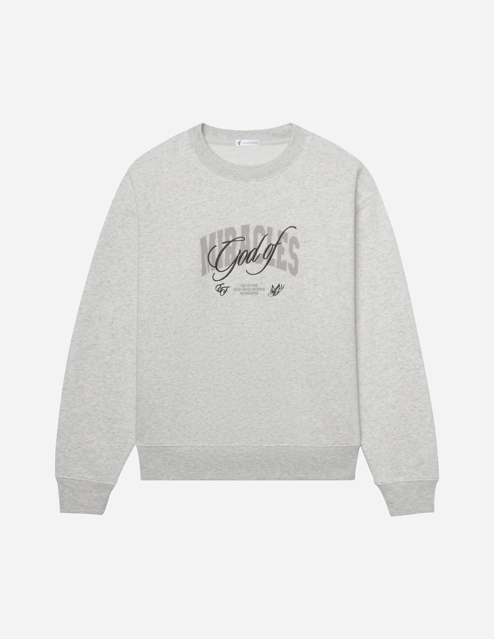 Heather gray unisex crewneck sweatshirt, flat lay, with front graphic logo.
